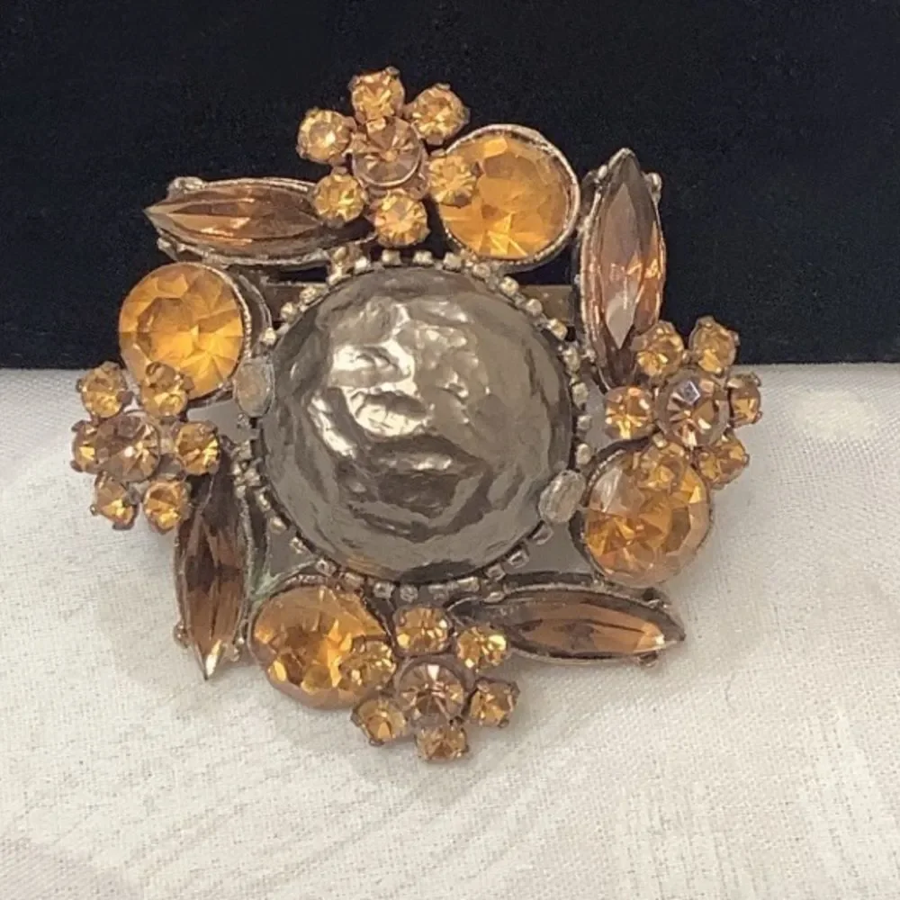Vintage Amber Rhinestones And Baroque Pearl Brooch